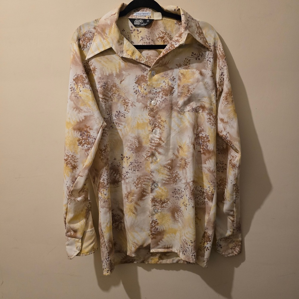 Vintage 70s Audio One by Campus Shirt Mens Medium Tan Floral Tall Disco